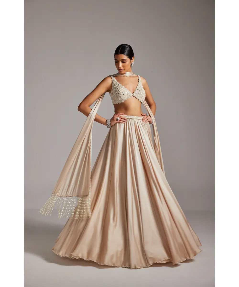 VVANI VATS- Light Beige V Neck Satin skirt Set